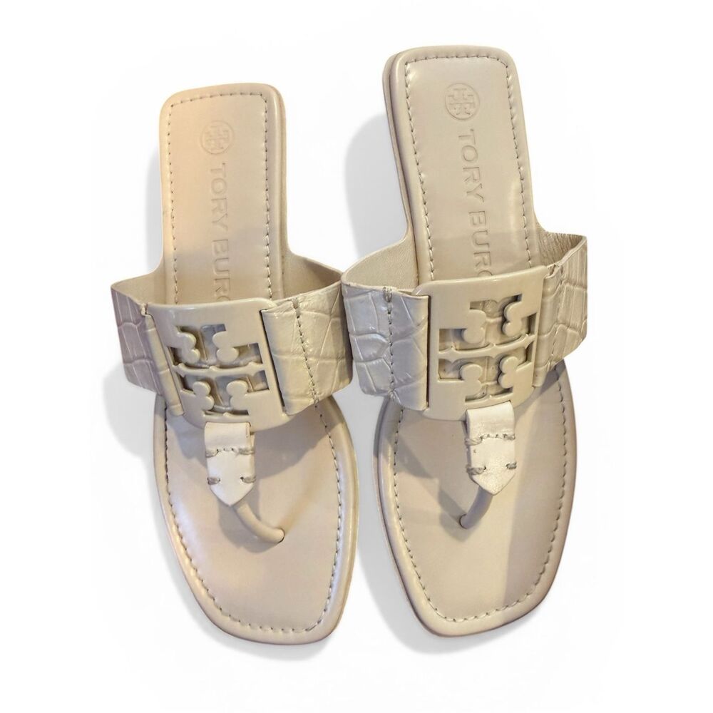 Tory Burch Georgia Croc Embossed Cream Sandals Size 7